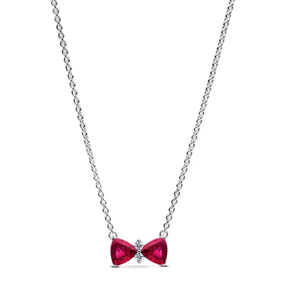 Colorful Red Heart & Bow Tie Pendant – Sterling Silver Necklace