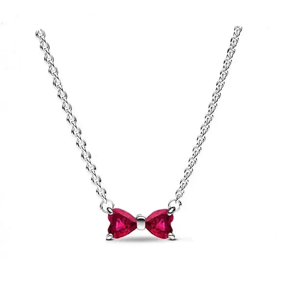 Colorful Red Heart & Bow Tie Pendant – Sterling Silver Necklace