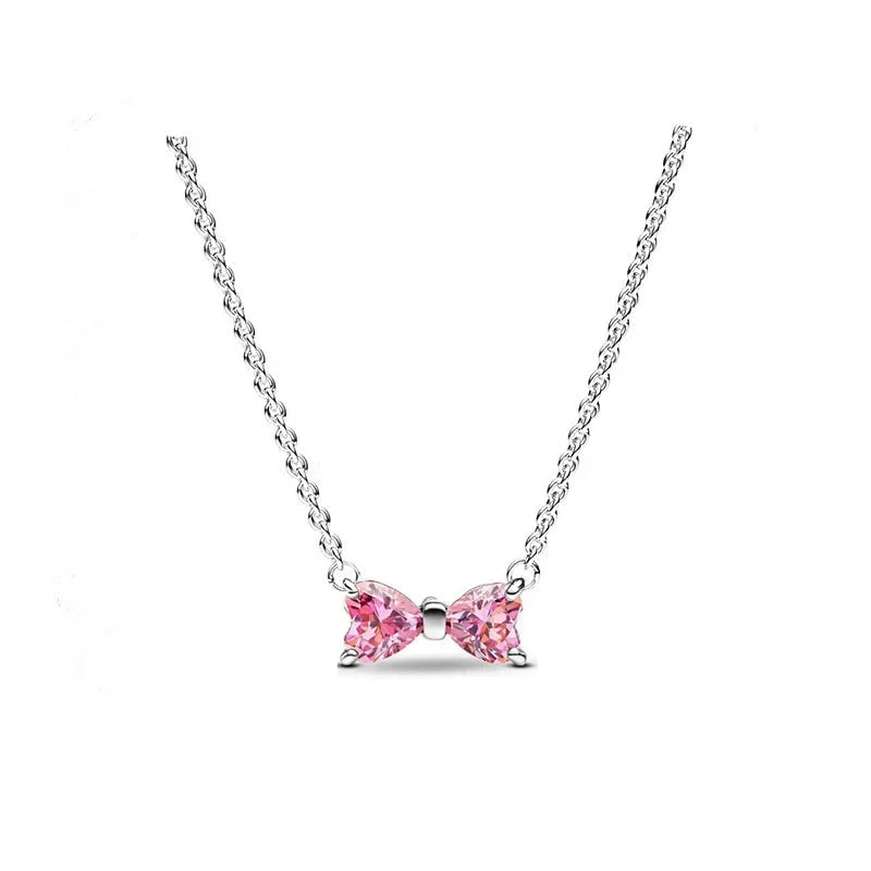 Colorful Red Heart & Bow Tie Pendant – Sterling Silver Necklace