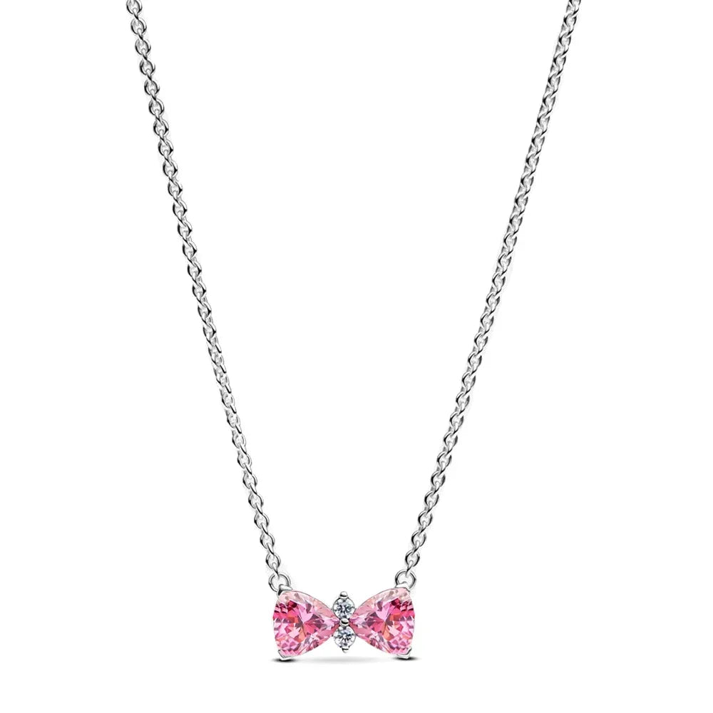 Colorful Red Heart & Bow Tie Pendant – Sterling Silver Necklace