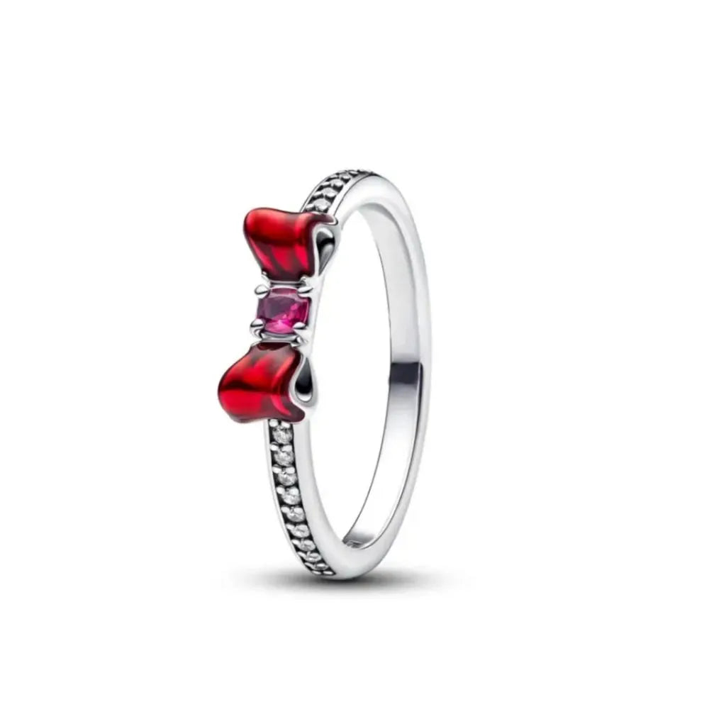 Heart Stone & Red Enamel Bow Ring – 925 Sterling Silver