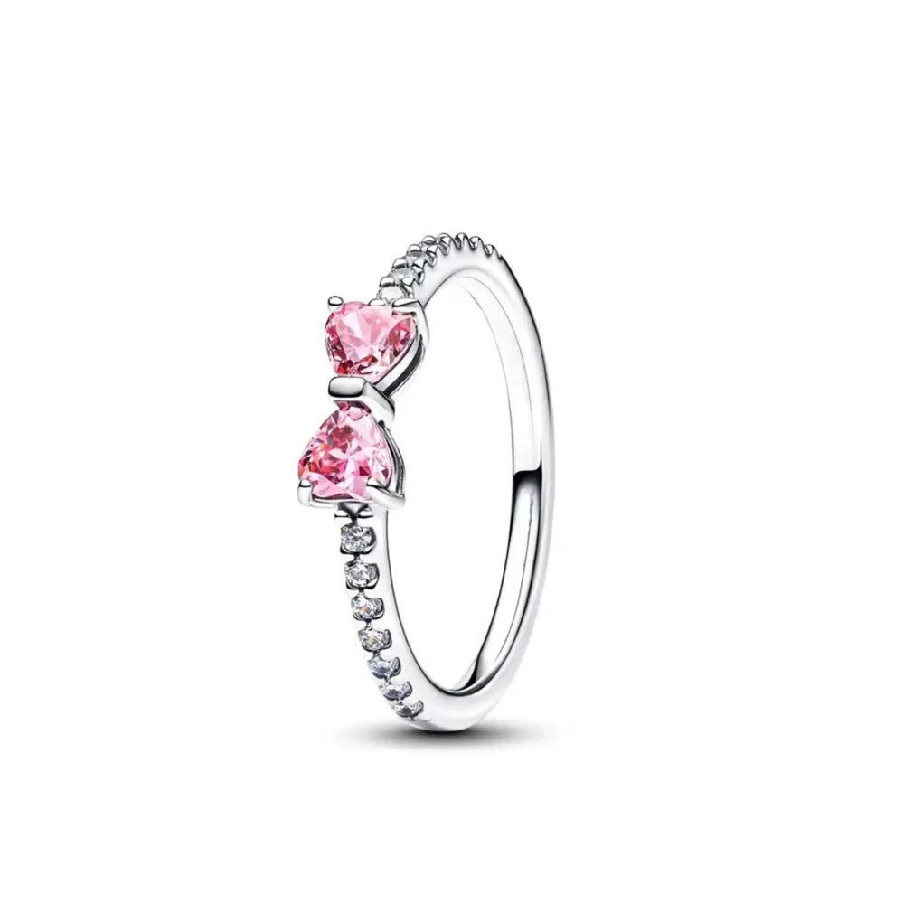 Heart Stone & Red Enamel Bow Ring – 925 Sterling Silver