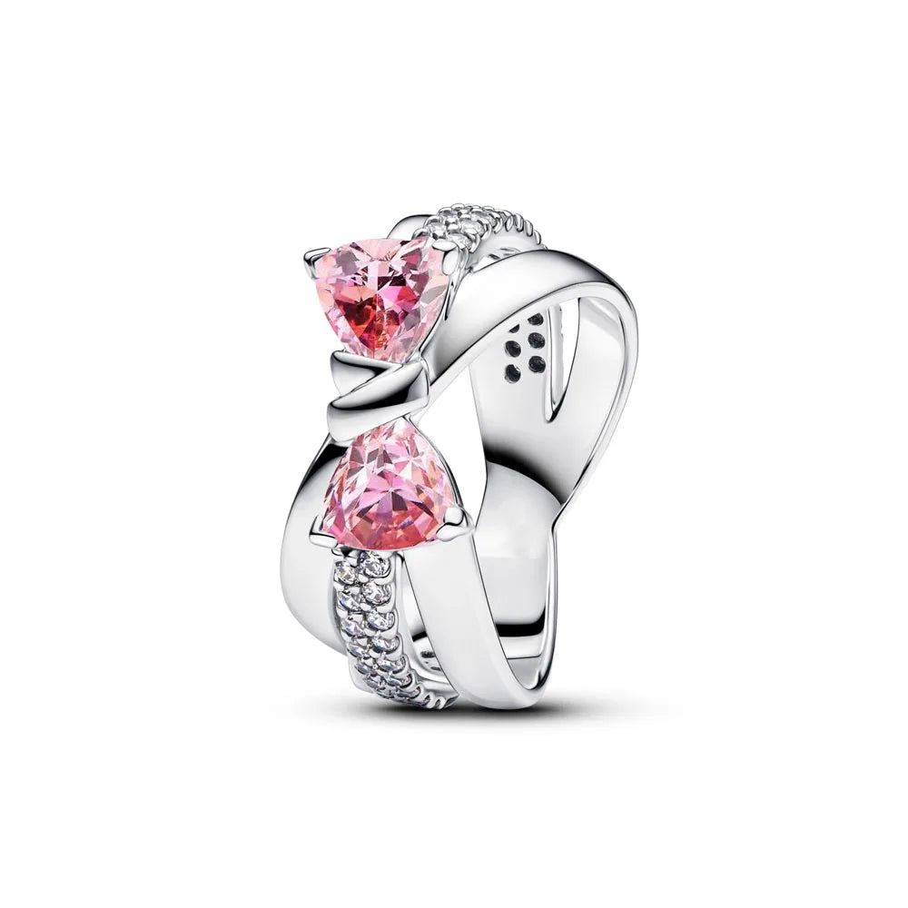 Heart Stone & Red Enamel Bow Ring – 925 Sterling Silver