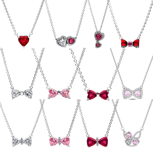 Colorful Red Heart & Bow Tie Pendant –  Sterling Silver Necklace
